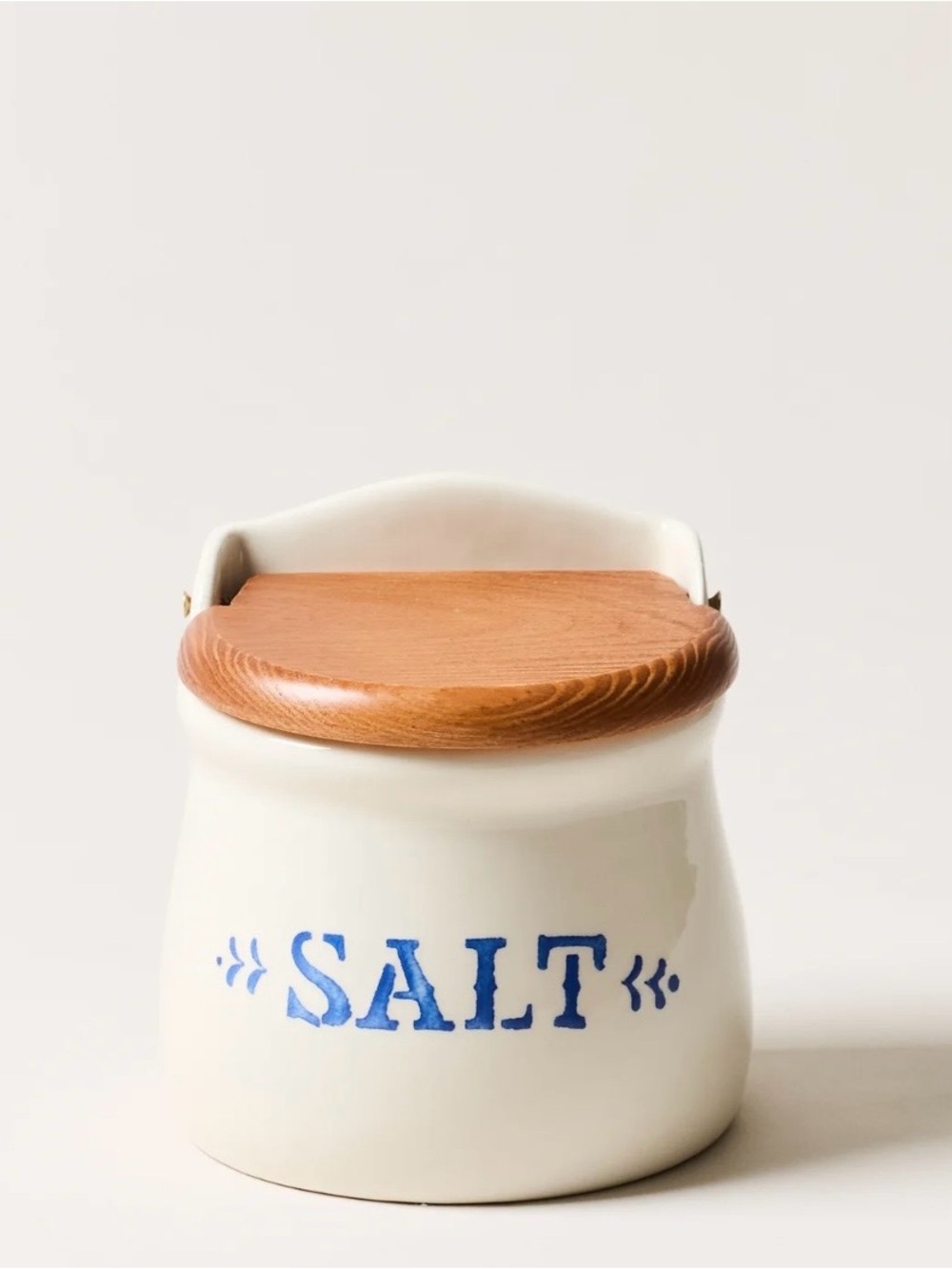 Farmhouse Pottery off-White Ceramic Salt Jar with Blue Lettering and Wood Lid